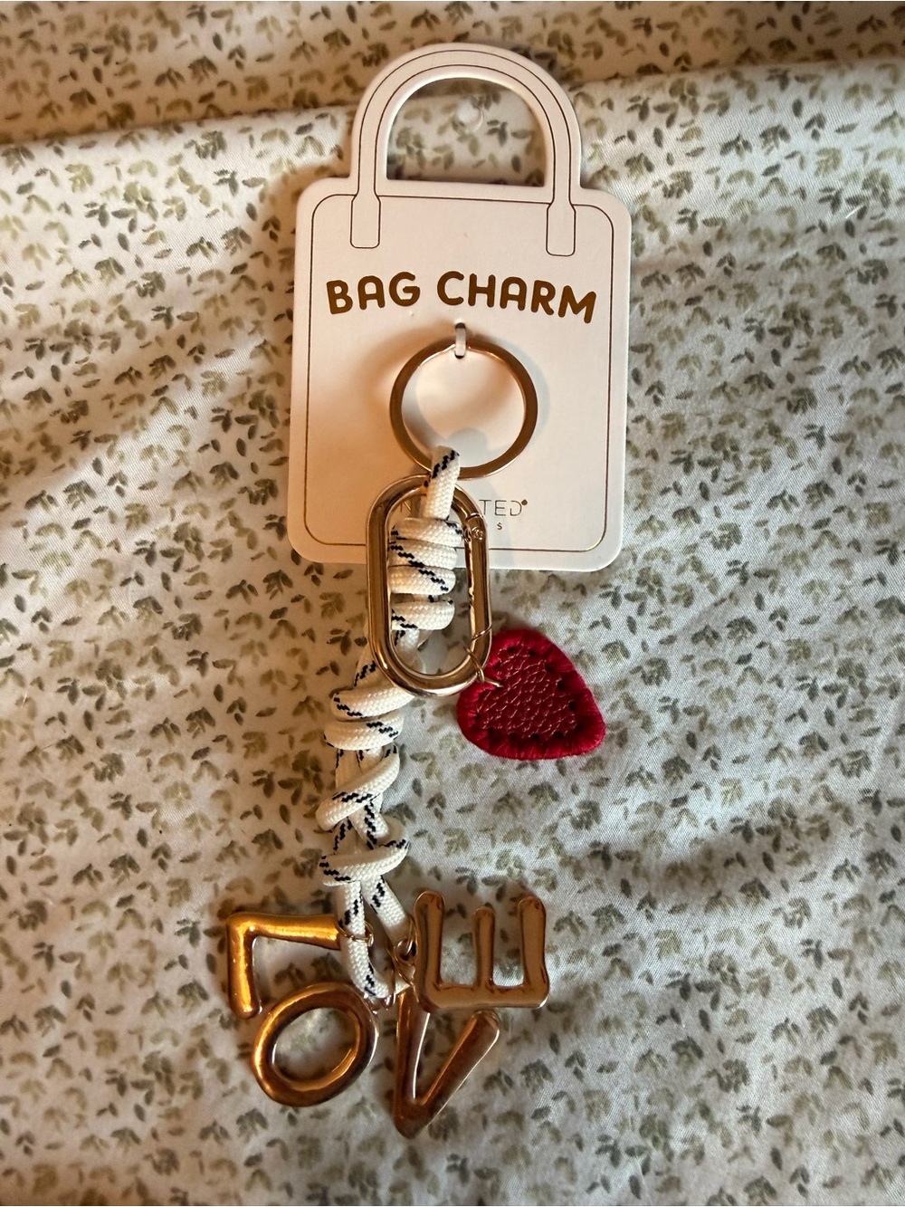 Gold-Tone LOVE Key & Bag Charm with Red Heart and White Braided Cord